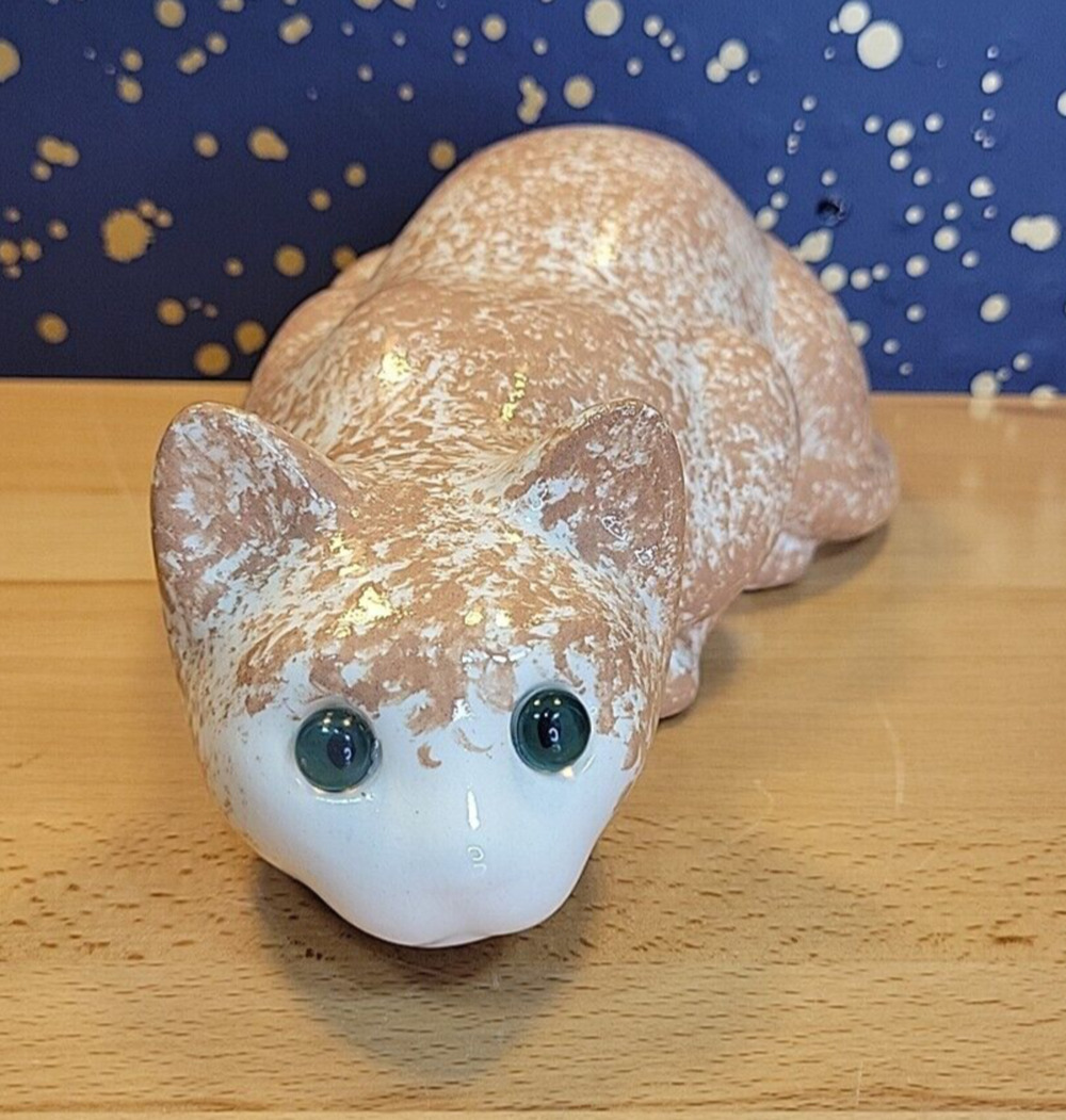 Vintage ELPA Alcobaca 12" Ceramic White Painted Cat Kitten Portugal Green Eyes